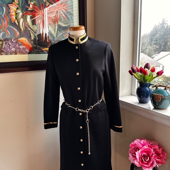 Black and Gold " Military Look" 80s Coat Dress by Leslie Fay Petites - Sz 8 - Picture 14 of 14